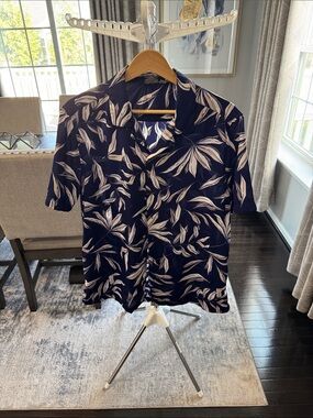ASOS Navy Short-Sleeve Button-Down Shirt with White Leaf Print